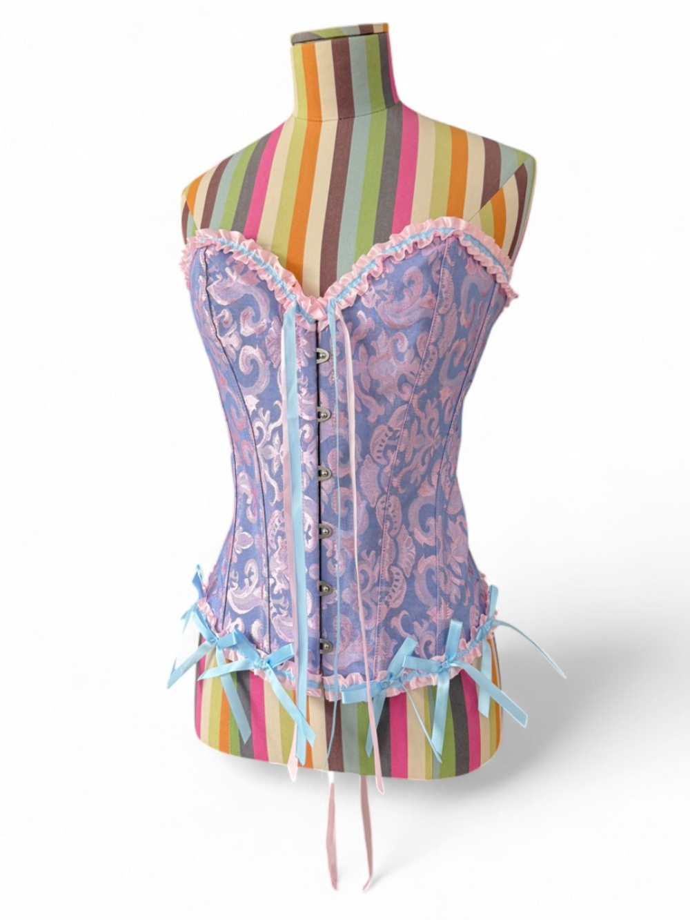 Ruffle & Bow Trim Baby Pink & Blue Corset Top Strapless